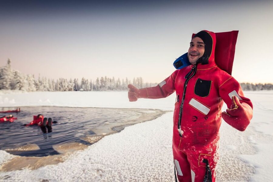 Daytime Ice Floating Rovaniemi, Frozen Lake Experience - Changing Into the Thermal Rescue Suit